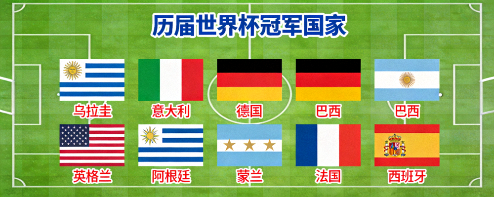 历届世界杯冠军国家国旗在足球场背景下的组合展示
